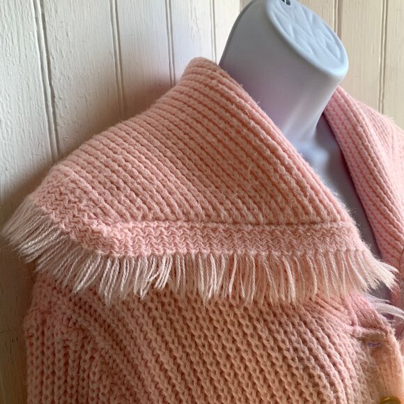 Vintage Pink Chunky Knit Ribbed Sailor Fringed Collar Cardigan Pearl Buttons - M - Picture 5 of 15